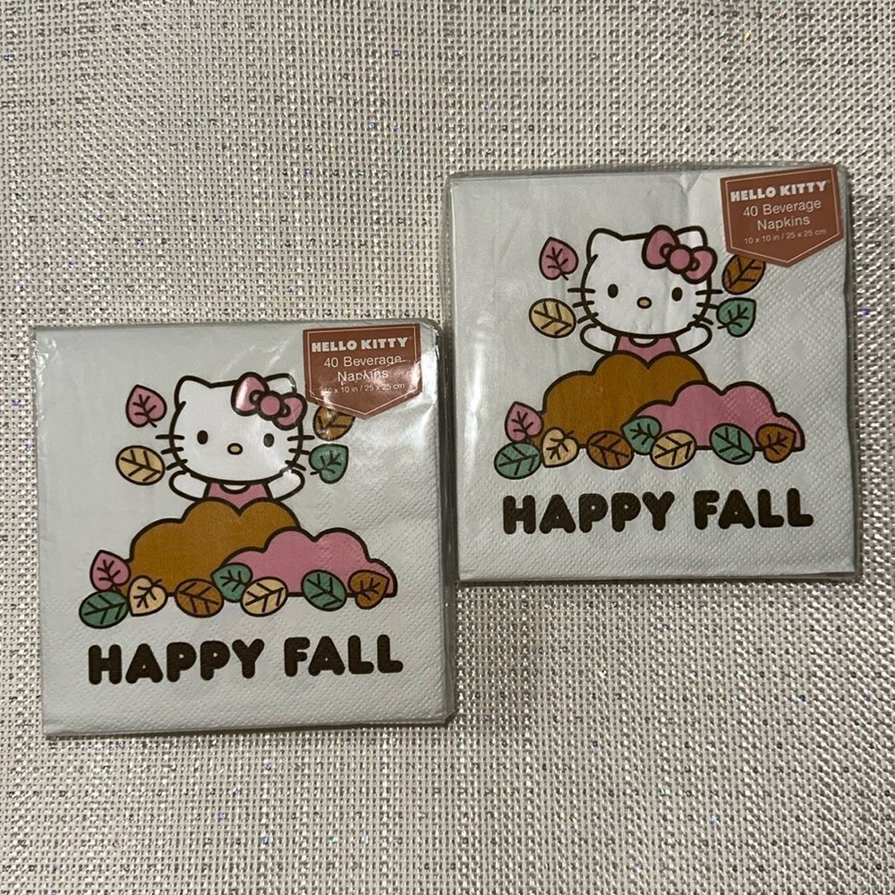 HELLO KITTY Ivory Pink White Orange Brown Happy Fall Square Beverage Napkins
